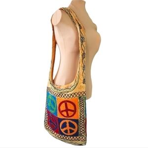 Boho Hippie Peace Sign Embroidered Shoulder Bag Festival Sling‎